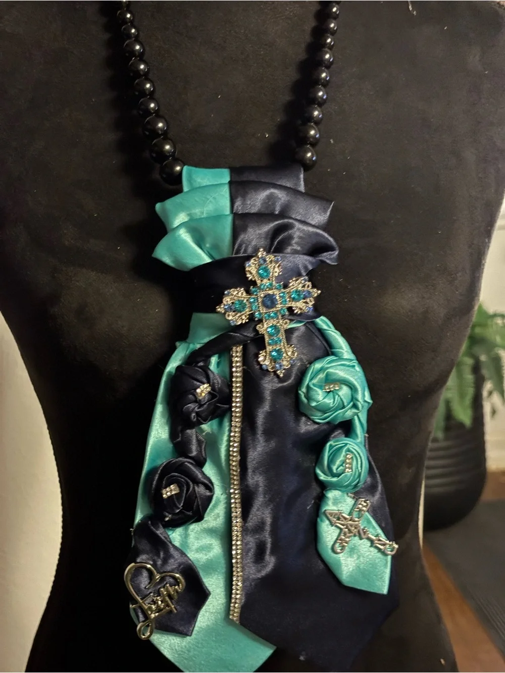 Teal and Navy Satin Cross Pendant Necklace - Women's Fashion Jewelry